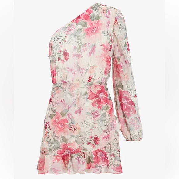 Express Metallic Floral One Shoulder Pleated Faux Wrap Front Romper Large - Picture 2 of 13